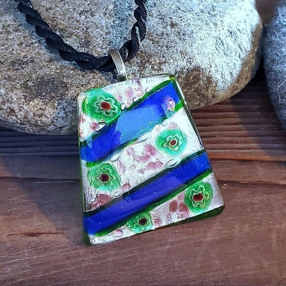 Cobalt Blue Dichroic Glass Trapezoid Necklace - Picture 5 of 8